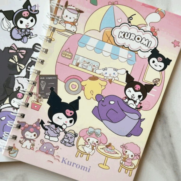 A colorful spiral notebook showing a lively scene where Kuromi, Baku, My Melody, and Cinnamoroll hang out around a pink pastel ice cream food truck with a striped umbrella canopy