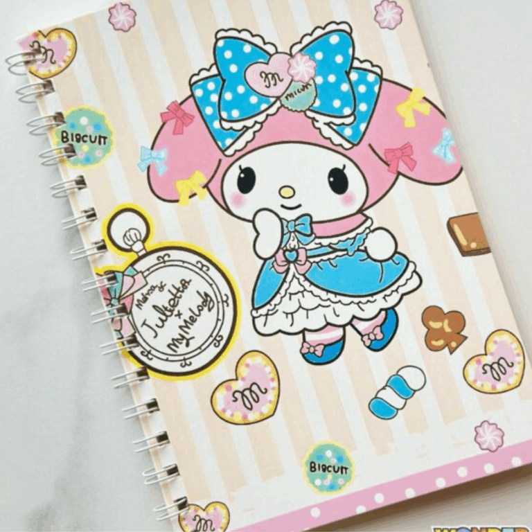 A wire-bound notebook featuring a beige and cream vertical striped cover with My Melody dressed in a blue lolita-style dress and a large blue polka-dot bow, surrounded by a vintage pocket watch illustration, heart-shaped cookies, and chocolate pieces